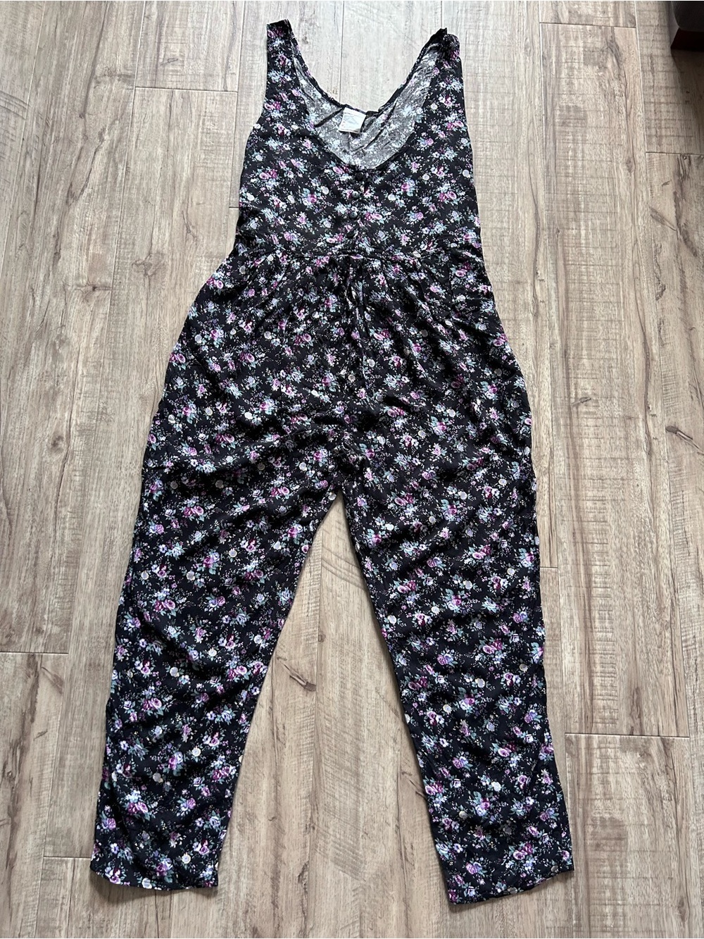 Vintage Sleeveless Black Floral Jumpsuit with Pink & White Flowers Cottagecore - Picture 3 of 8